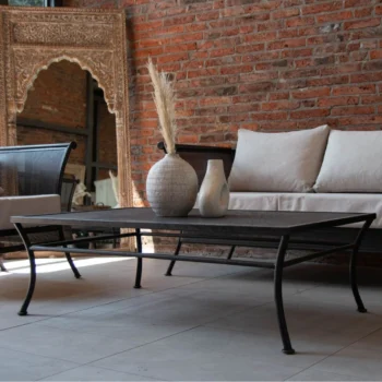 Juego de terraza fierro modelo loft. Inclye sofá de 2 cuerpos + 2 sillones de 1 cuerpo + mesa de centro de 100 x 70 + cojines y fundas lavables