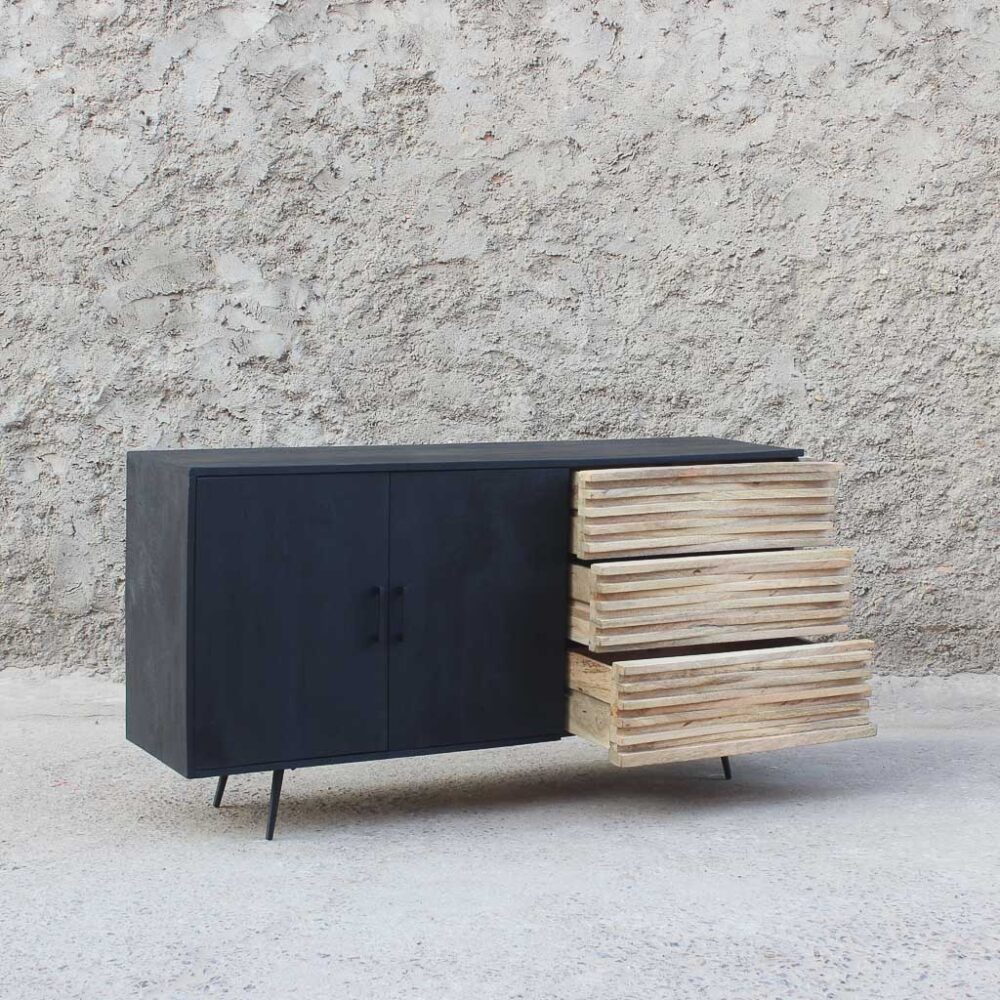 50065-Buffet Edimburgo-150x40x75 (1) mueble estilo buffet con 3 cajones color natural y 2 puertas color negro. Muebles para dormitorio, living o comedor. Estilo minimalista y moderno
