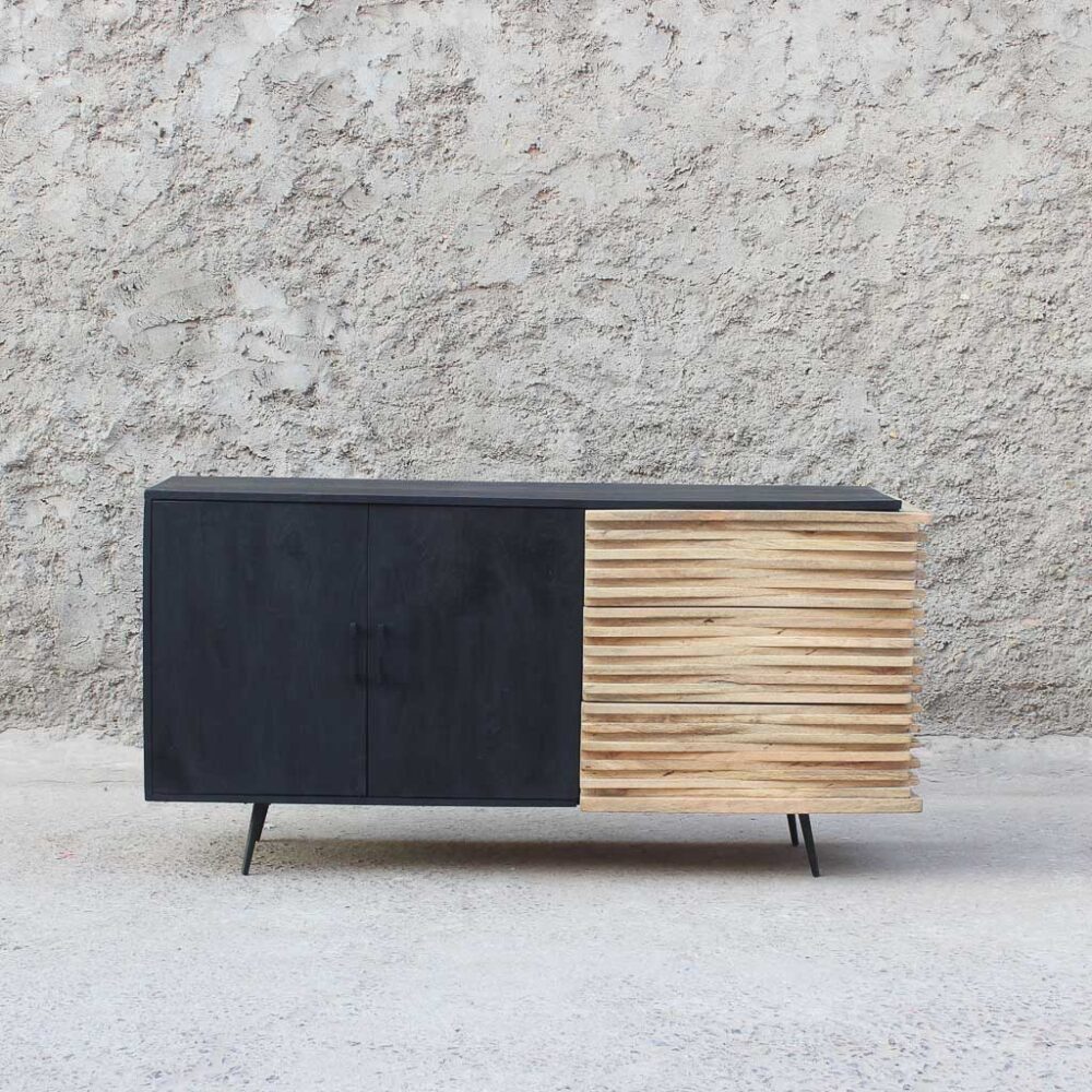 50065-Buffet Edimburgo-150x40x75 (2) mueble estilo buffet con 3 cajones color natural y 2 puertas color negro. Muebles para dormitorio, living o comedor. Estilo minimalista y moderno