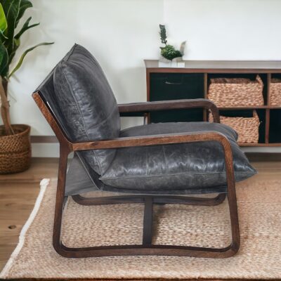 Sillón madera y cuero gris Granada-68x86x75cm