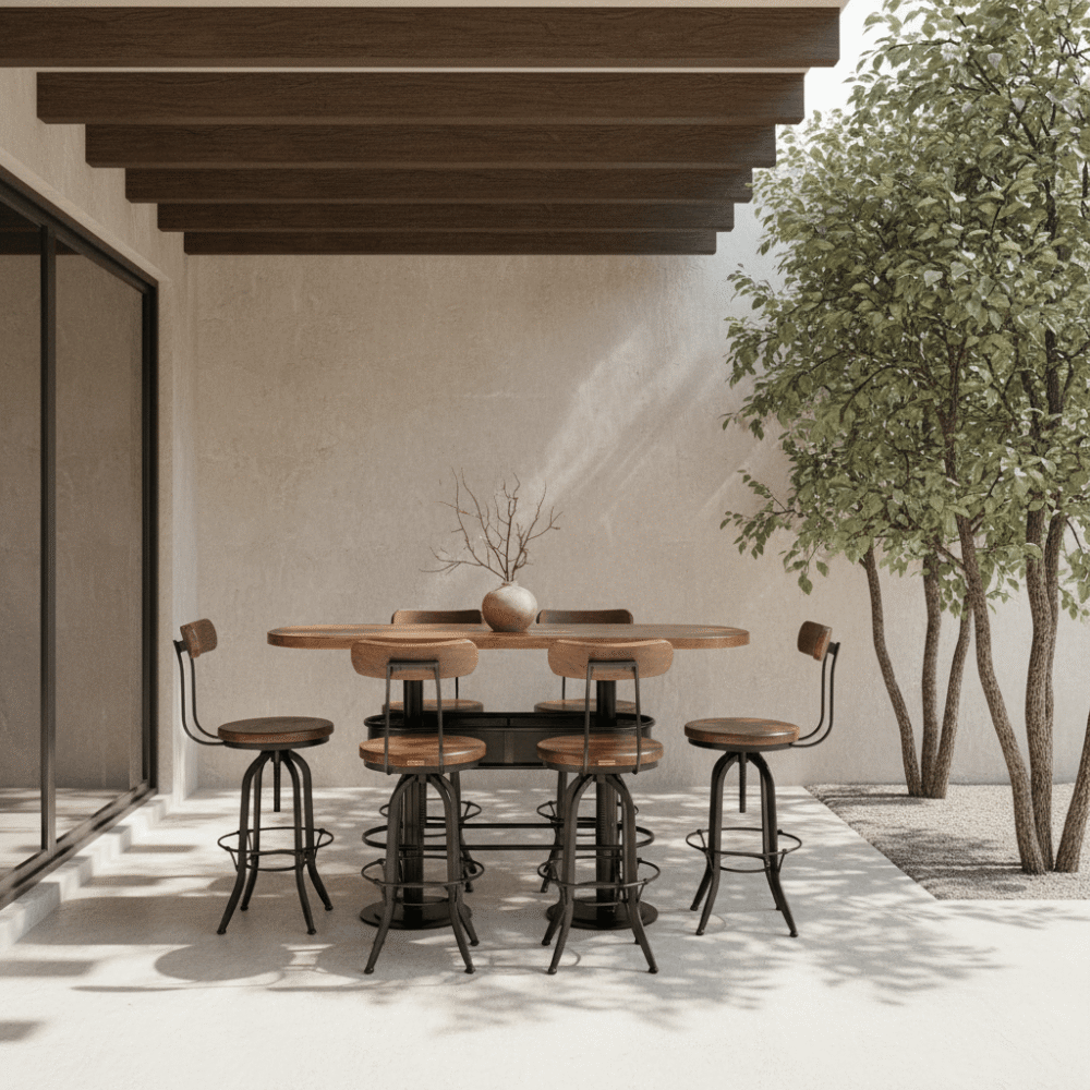 IMG_4855 Mesón barra bar color nogal + 6 taburetes barrita nogal