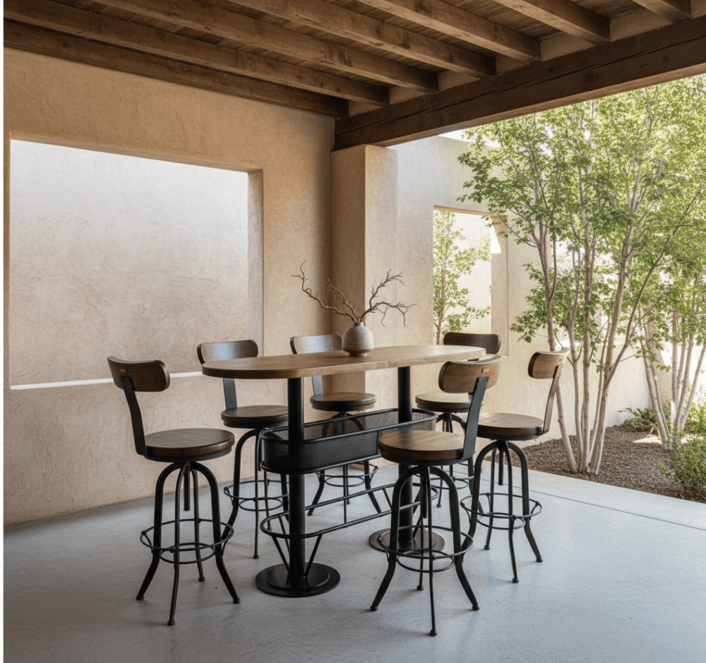 Mesón barra bar color nogal + 6 taburetes pletina nogal