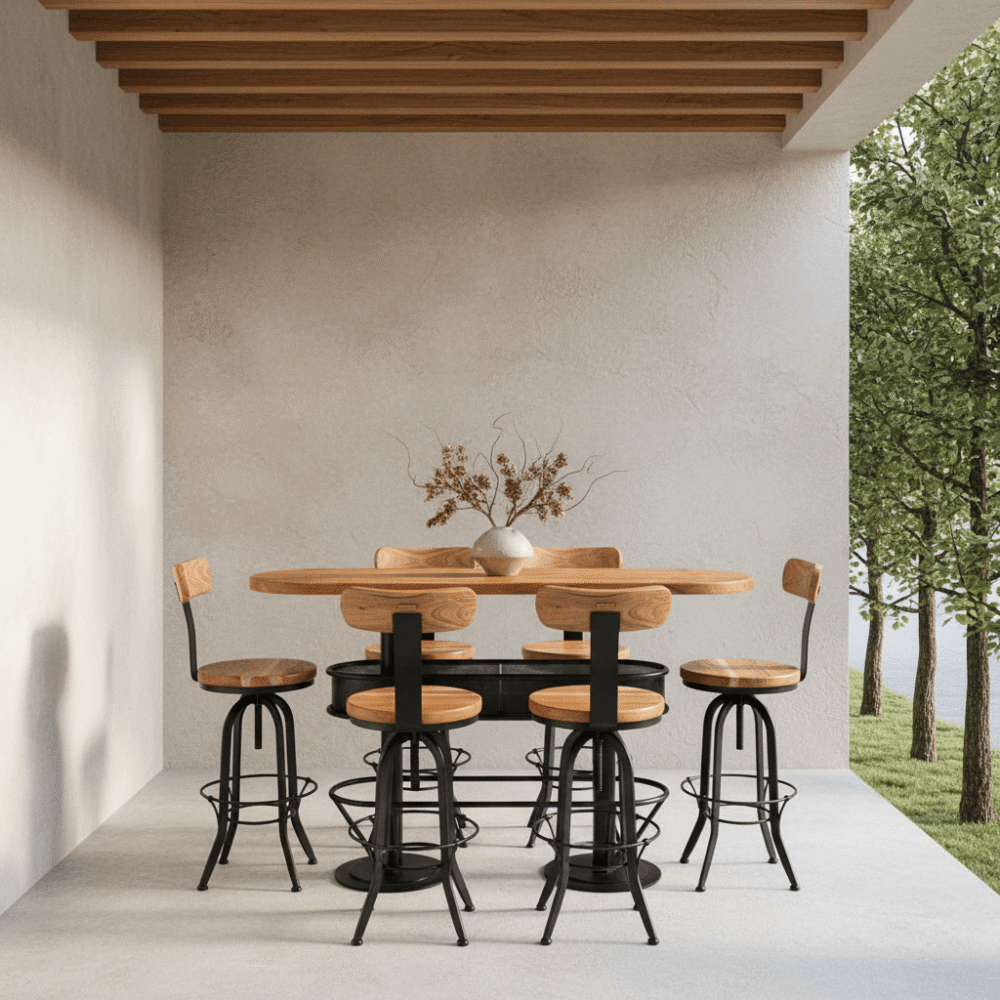 Mesón barra bar natural + 6 taburetes pletina natural