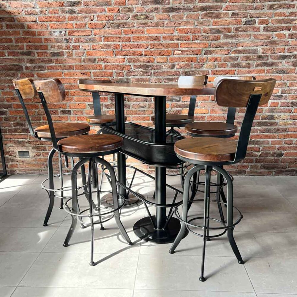 Mesón barra bar color nogal + 6 taburetes pletina nogal
