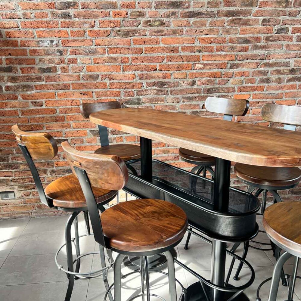 Mesón barra bar color nogal + 6 taburetes pletina nogal