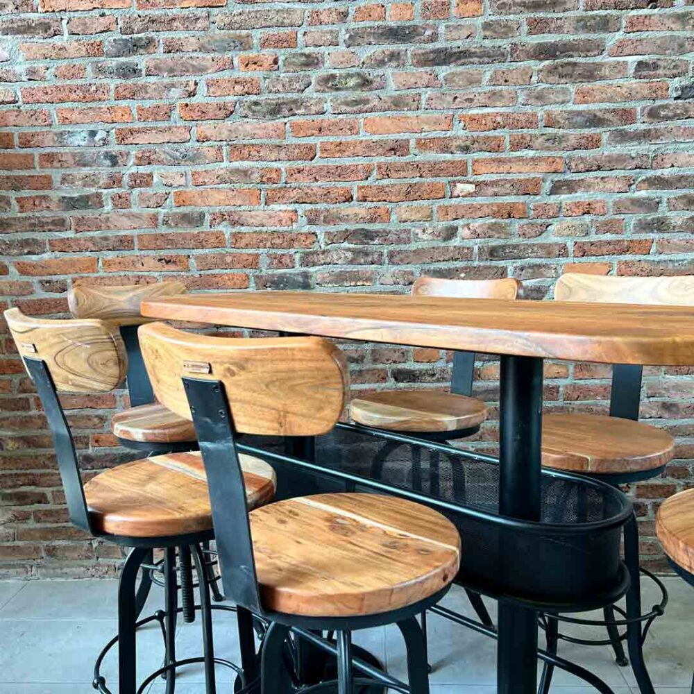 Mesón barra bar natural + 6 taburetes pletina natural