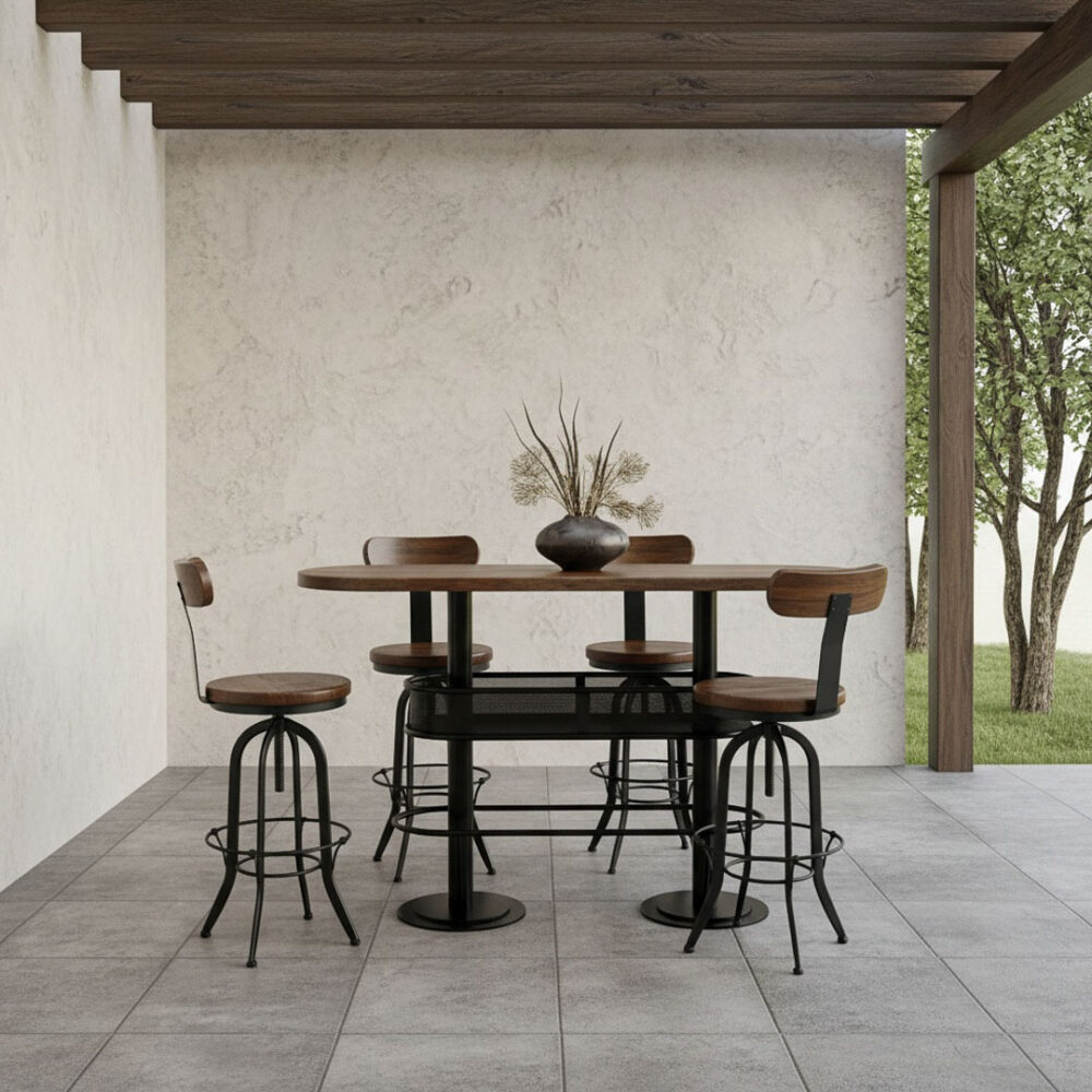 Mesón barra bar color nogal + 4 taburetes pletina nogal