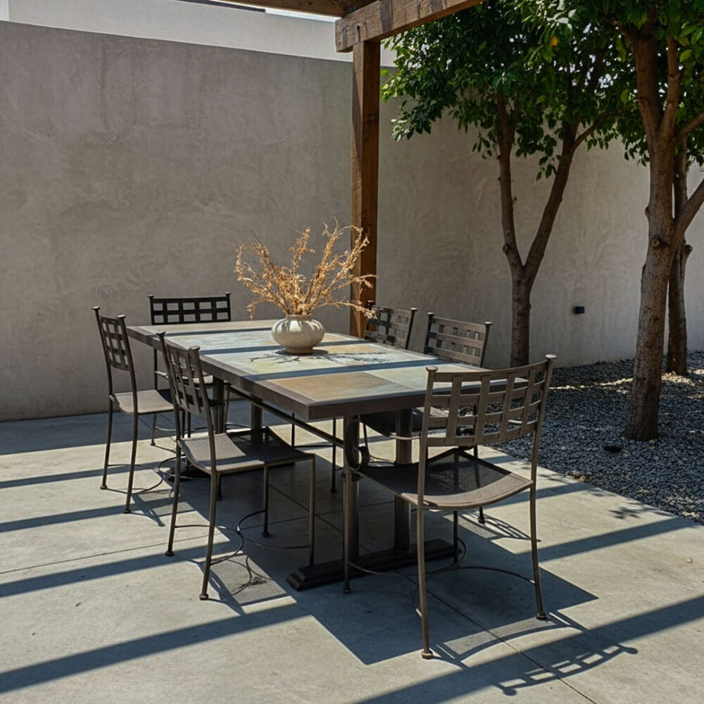 IMG_4420 Mesa Comedor Terraza Piedra Pizarra 210x90 con 6 sillas Malla