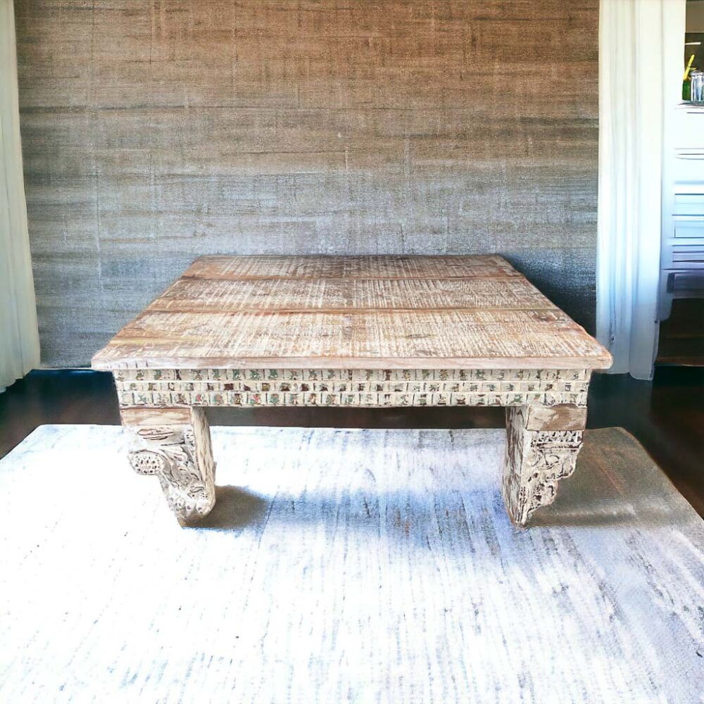 mesa de centro cuadrada de madera maciza tallada completamente a mano