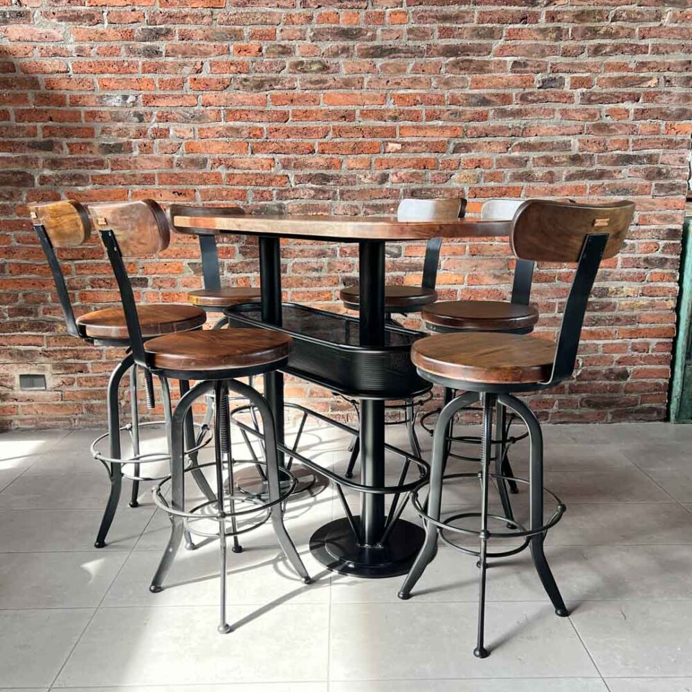 Mesón barra bar color nogal + 6 taburetes pletina nogal