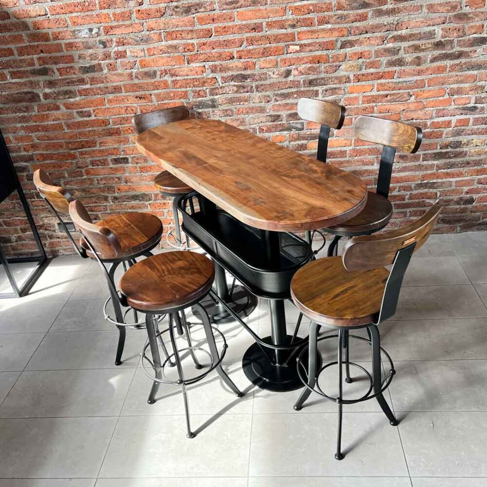 Mesón barra bar color nogal + 6 taburetes pletina nogal