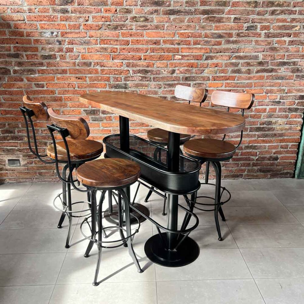 Mesón barra bar color nogal + 4 taburetes barrita nogal