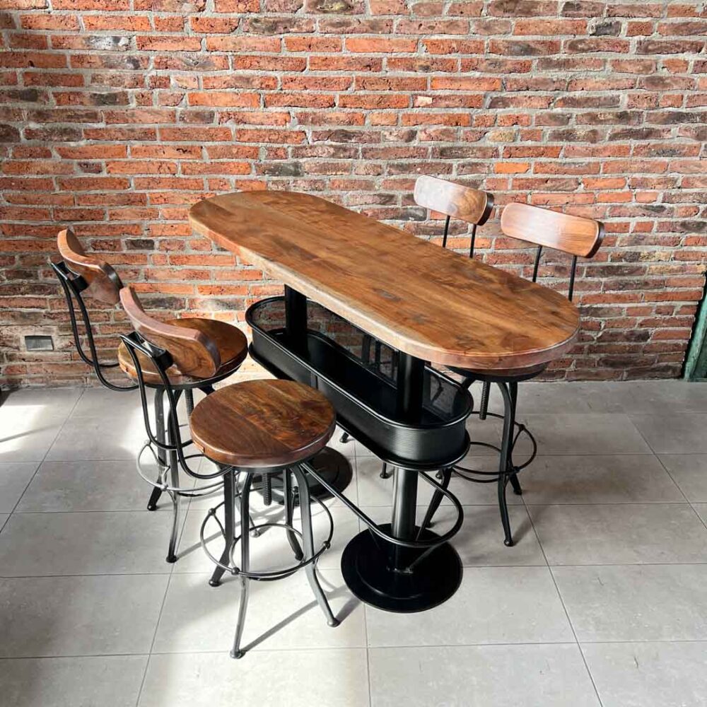 Mesón barra bar color nogal + 4 taburetes barrita nogal