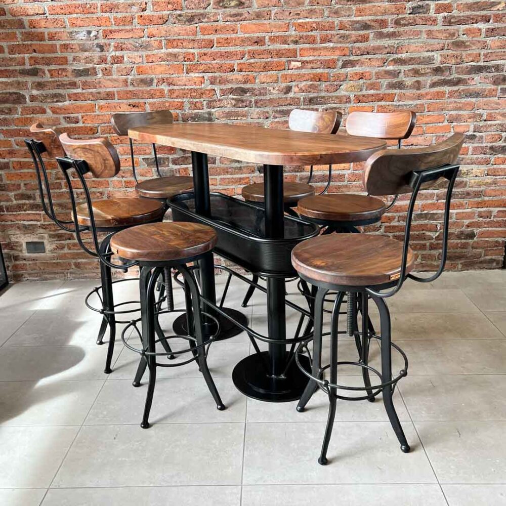 Mesón barra bar color nogal + 6 taburetes barrita nogal