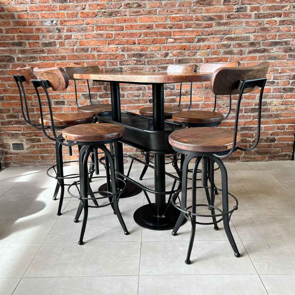 Mesón barra bar color nogal + 6 taburetes barrita nogal