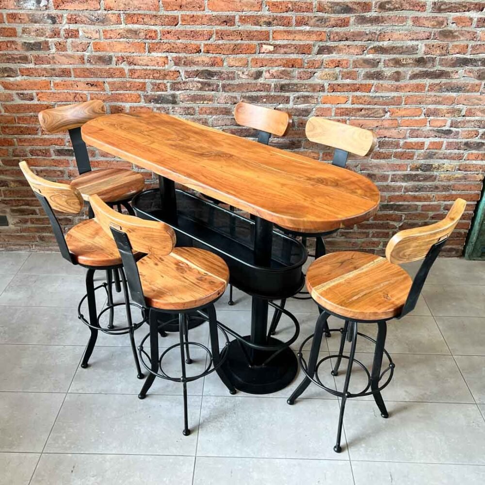 Mesón barra bar natural + 6 taburetes pletina natural