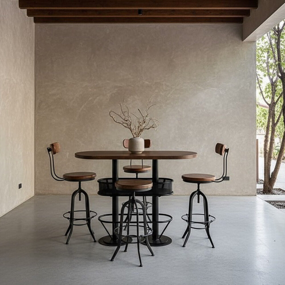 Mesón barra bar color nogal + 4 taburetes barrita nogal