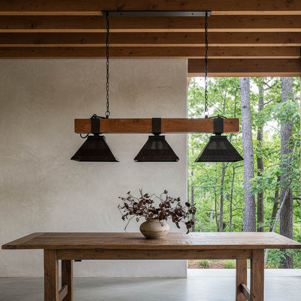 Lámpara pool 3 luces viga madera nativa