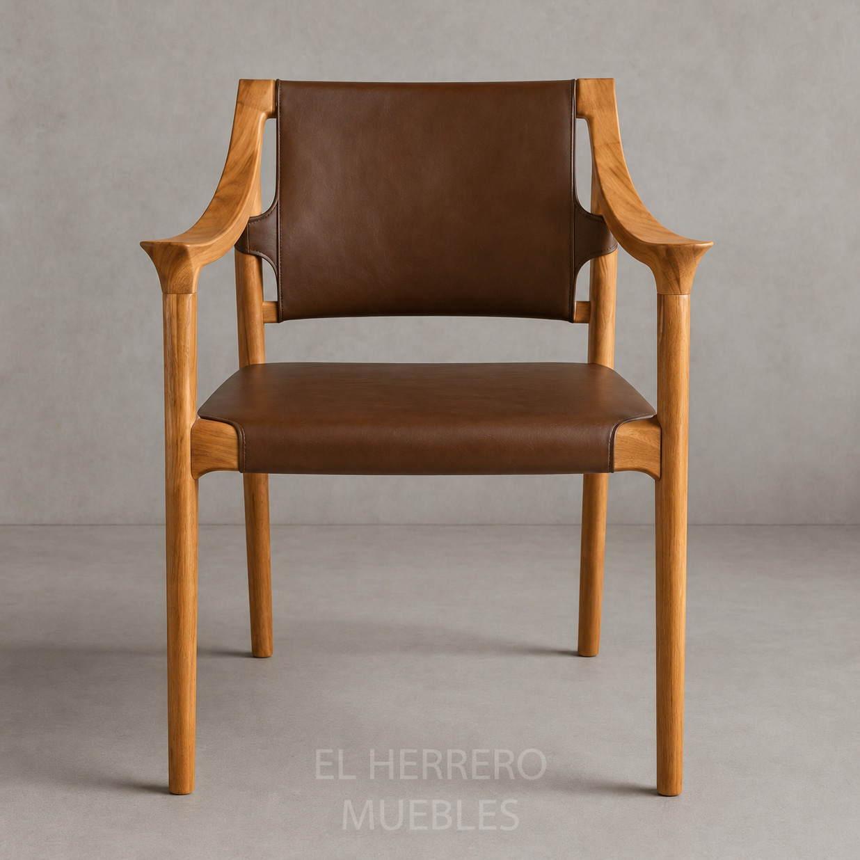 Silla Huingán madera teca y cuero camel 55x55x84 cm