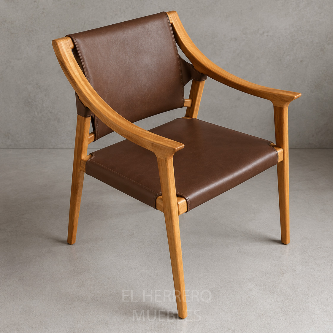 Silla Huingán madera teca y cuero camel 55x55x84 cm